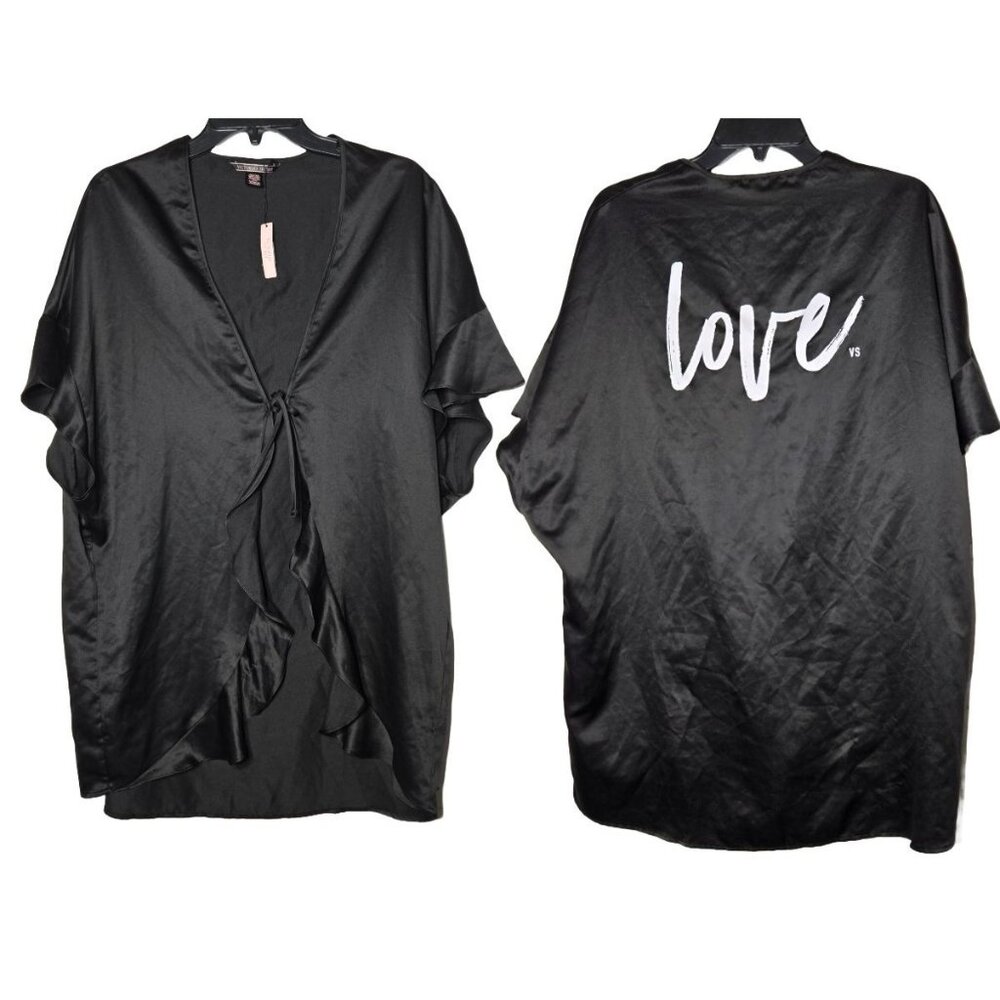 Victoria's Secret Black Love VS Tie Front Satin Robe One Size NWT Silky Lingerie